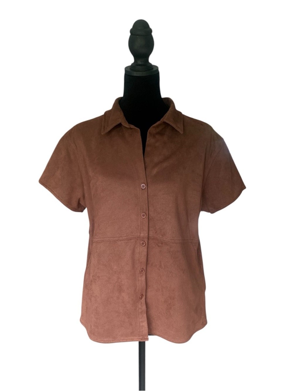 Vintage Kathy Ireland Faux Suede Button Up Shirt Top Brown XL Extra Large